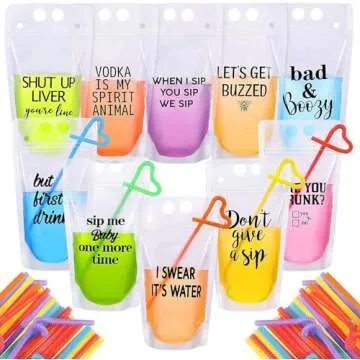 50Pcs double zip pouches drink Bags with 20 Straws,&30 Popsicle Bags Heavy-duty Handheld Foldable Ice Beverage Bags for Smoothies, Cold & Hot Drinks