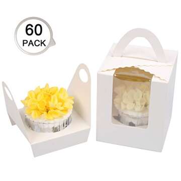 60 PCS Single Cupcake Boxes Individual Cupcake Containers with Handle and Inserts(White)