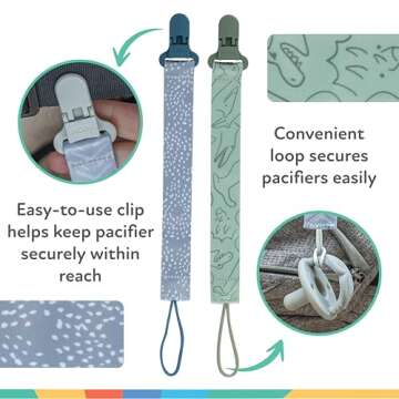 Nuby Pacifinder Baby Pacifier Clip 2-Pack Blue Dots Green Dino
