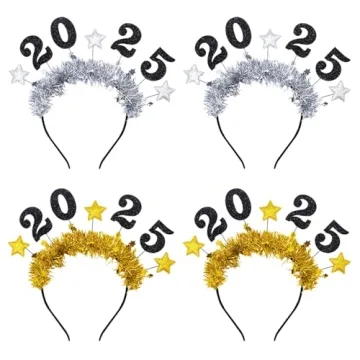 4 PCS Happy New Year Headbands Tiara for Women Men, Golden Silver Glitter Sparkles Headwear 2025 New...