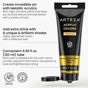 Arteza Metallic Acrylic Paint, Set of 8 Jewel Tones Colors in 4.06oz Tubes, Rich Pigments, Non Fading, Paints for Artists and Hobby Painters
