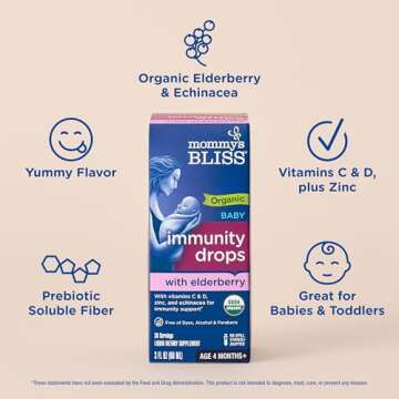 Mommy's Bliss Organic Baby Elderberry Drops, Immune Support with Vitamins, Prebiotics, Zinc & Organic Echinacea, Age 4 Months +, 3 Fl Oz (36 Servings)