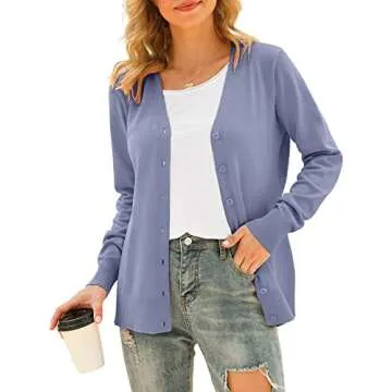 VIISHOW Women Long Sleeve Button Down V Neck Lightweight Knit Sweater Cardigan - Purple Gray