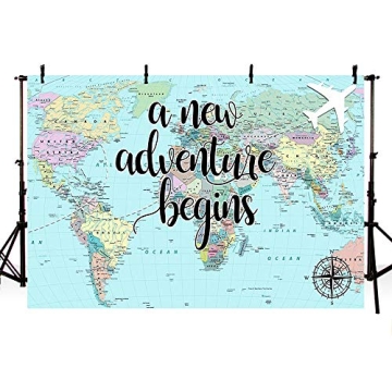 MEHOFOTO A New Adventure Begins Travel Boy Baby Shower Party Decorations Backdrop World Map Around W...
