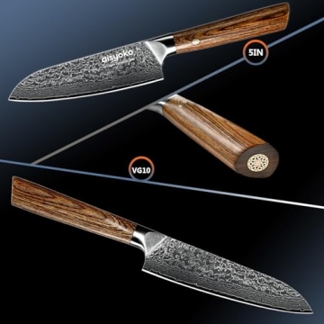 aisyoko Santoku Knife 5 inches-Japan VG-10 Super Steel 67 Layer Damascus Steel-Sharp Kitchen Knife-Luxury Gift Box with Colored Wooden Handle-With Scabbard