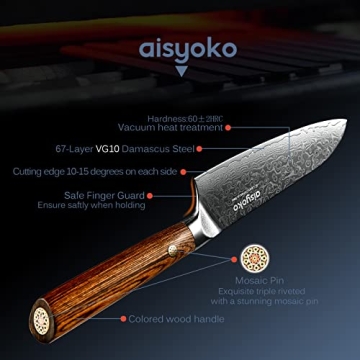 aisyoko Santoku Knife 5 inches-Japan VG-10 Super Steel 67 Layer Damascus Steel-Sharp Kitchen Knife-Luxury Gift Box with Colored Wooden Handle-With Scabbard
