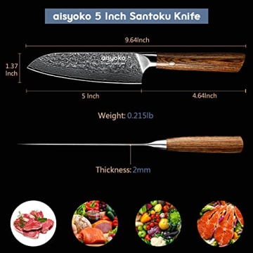 aisyoko Santoku Knife 5 inches-Japan VG-10 Super Steel 67 Layer Damascus Steel-Sharp Kitchen Knife-Luxury Gift Box with Colored Wooden Handle-With Scabbard