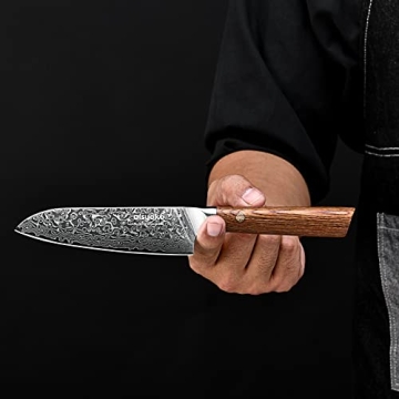 aisyoko Santoku Knife 5 inches-Japan VG-10 Super Steel 67 Layer Damascus Steel-Sharp Kitchen Knife-Luxury Gift Box with Colored Wooden Handle-With Scabbard