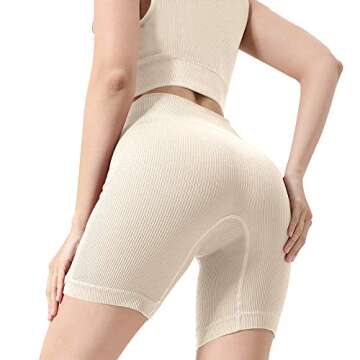 Seamless Workout Sets for Women 2 Piece Ribbed Yoga Gym Outfits High Waisted Biker Shorts With Sport Bra Tracksuit Set（Beige，Small）