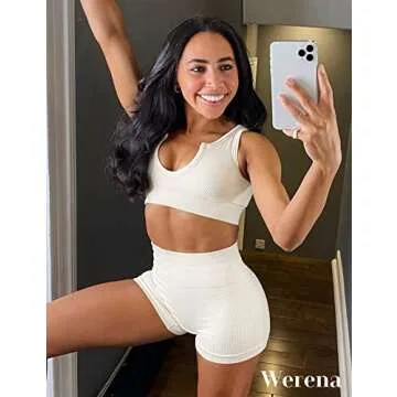 Seamless Workout Sets for Women 2 Piece Ribbed Yoga Gym Outfits High Waisted Biker Shorts With Sport Bra Tracksuit Set（Beige，Small）