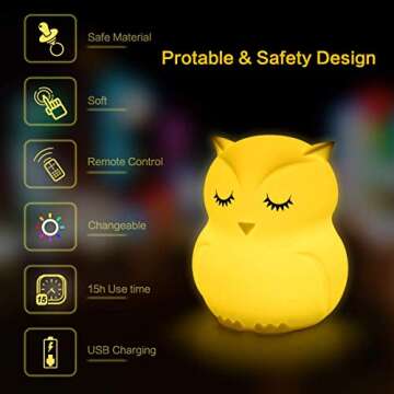 Owl Night Light for Kids Baby Silicone Night Light LED Nursery Lamp Dimmable Baby Night Light with Touch Sensor Remote Control Rechargeable 9 Colors Change Night Light for Children