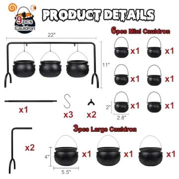 Halloween Cauldrons Serving Bowl Decor, Set of 9 Hanging Black Plastic Cauldron Bowls with Iron Rack...