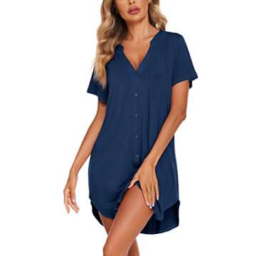 Ekouaer Night Shirts Button Down Postpartum Nightgown Ladies Sleep Dress and Comfy Nightdress Navy Blue