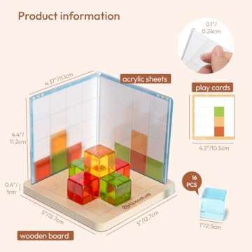 Woodtoe Rainbow Building Blocks for Kids, 3D Spatial Projection Game with 16 PCS Rainbow Gem Cubes, Montessori Stacking Toys, Educational Sensory Toy Birthday for Boys Girls 4+