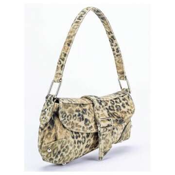 QWINEE Women's Y2K Leopard Print Shoulder Bag Denim Handbags Retro Cheetah Purses Top Handle Buckle ...
