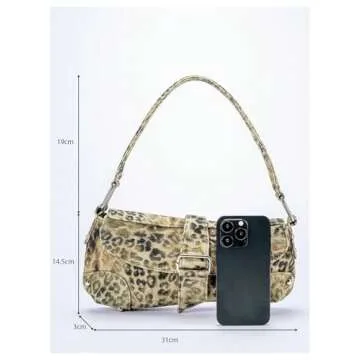 QWINEE Women's Y2K Leopard Print Shoulder Bag Denim Handbags Retro Cheetah Purses Top Handle Buckle Clutch Underarm Bag Light Brown One-Size