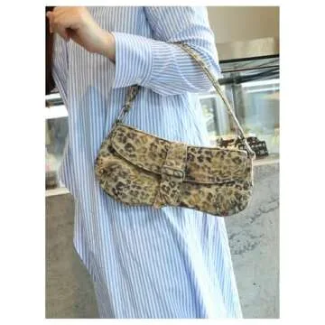 QWINEE Women's Y2K Leopard Print Shoulder Bag Denim Handbags Retro Cheetah Purses Top Handle Buckle Clutch Underarm Bag Light Brown One-Size