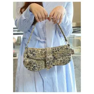 QWINEE Women's Y2K Leopard Print Shoulder Bag Denim Handbags Retro Cheetah Purses Top Handle Buckle Clutch Underarm Bag Light Brown One-Size