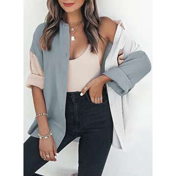 Dokotoo Women's Cute Spring Button Down Lightweight Soft V Neck Collared Long Sleeve Shirts for Women Casual Loose Fashion Summer Blouses Tops with Pockets Grey L