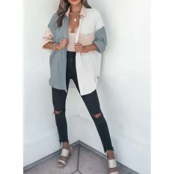 Dokotoo Women's Cute Spring Button Down Lightweight Soft V Neck Collared Long Sleeve Shirts for Women Casual Loose Fashion Summer Blouses Tops with Pockets Grey L