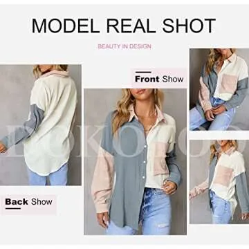 Dokotoo Women's Cute Spring Button Down Lightweight Soft V Neck Collared Long Sleeve Shirts for Women Casual Loose Fashion Summer Blouses Tops with Pockets Grey L