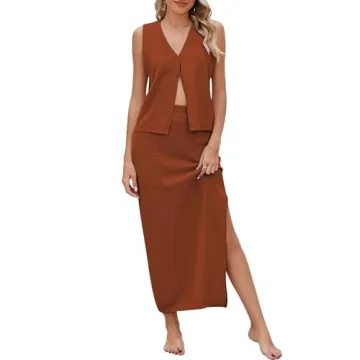 Pink Queen Women Spring Summer Skirt Outfit V Neck Button Vest Top Waffle Knit Bodycon Date Night Ma...