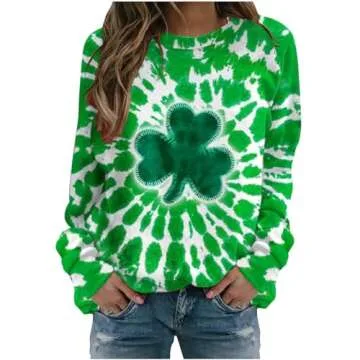 Open Box Deals St Patricks Day Shirt Women Funny 3D Print Tops Plus Size Long Sleeve Round Neck T Shirt Tshirts Dressy Trendy st Patricks Day Tops 2X