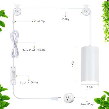 HMVPL Hanging Grow Light, Plant Lights Full Spectrum with 4000K 40W COB Bulb, Pulleys and Smart Timer, Indoor Grow Lamp for Tall Tree Hydroponics