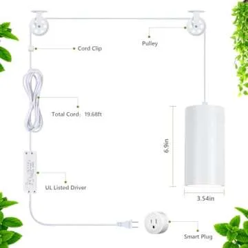 HMVPL Hanging Grow Light, Plant Lights Full Spectrum with 4000K 40W COB Bulb, Pulleys and Smart Timer, Indoor Grow Lamp for Tall Tree Hydroponics