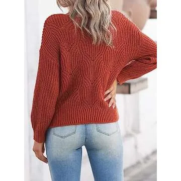 Dokotoo Women Crewneck Sweaters for Women Long Sleeve Solid Hollow Out Fashion Casual Loose Plain Chunky Knit Pullovers Sweaters for Women Jumper Outerwear Red X-Large