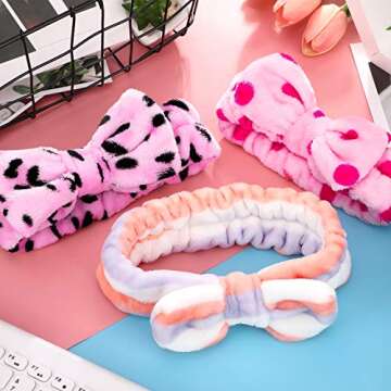 3 Pcs Towel Headbands for Women Headband for Washing Face Facial Hair Band Skincare Microfiber Bowtie Headband Makeup Terry Cloth Headbands Spa Shower Hair Band for Women Girls (Chic Patterns)