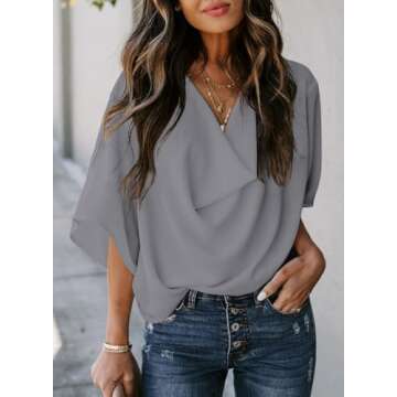 Dokotoo Womens 3/4 Sleeve Summer Tops Dressy Casual Wrap Draped Front Chiffon Blouses for Women Fash...