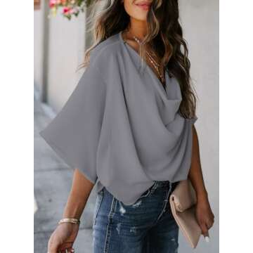 Dokotoo Womens 3/4 Sleeve Summer Tops Dressy Casual Wrap Draped Front Chiffon Blouses for Women Fashion 2025 Spring Outfits V Neck Tops and Shirts for Women Trendy Sexy Casual Flowy, Gray,Small
