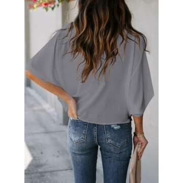 Dokotoo Womens 3/4 Sleeve Summer Tops Dressy Casual Wrap Draped Front Chiffon Blouses for Women Fashion 2025 Spring Outfits V Neck Tops and Shirts for Women Trendy Sexy Casual Flowy, Gray,Small