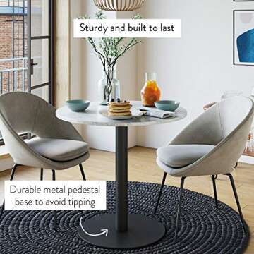 Nathan James Bistro Lucy Small Mid-Century Modern Kitchen or Dining Table with Faux Carrara Marble Top and Brushed Metal Pedestal Base, Black, 31.5D x 31.5W x 29H in