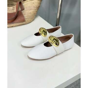 Gradinery Metal Buckle Mary Jane Ballet Flats Shoes Round Toe Slip On Casual Dress Ballerina Shoes Metal White Size 6