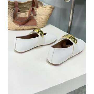 Gradinery Metal Buckle Mary Jane Ballet Flats Shoes Round Toe Slip On Casual Dress Ballerina Shoes Metal White Size 6