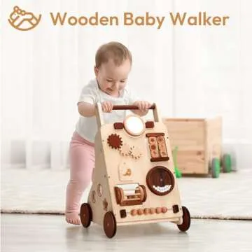 Woodtoe Wooden Baby Walker, Adjustable Push and Pull Learning Activity Center Walker Toy, Natural Wo...
