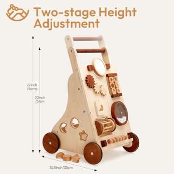 Woodtoe Wooden Baby Walker, Adjustable Push and Pull Learning Activity Center Walker Toy, Natural Wood Sit to Stand Walker for Baby Learning to Walk, Educational Birthday for Toddler Boy Girl 1+