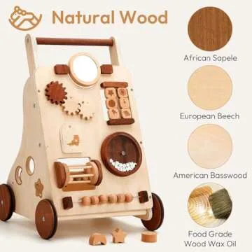 Woodtoe Wooden Baby Walker, Adjustable Push and Pull Learning Activity Center Walker Toy, Natural Wood Sit to Stand Walker for Baby Learning to Walk, Educational Birthday for Toddler Boy Girl 1+