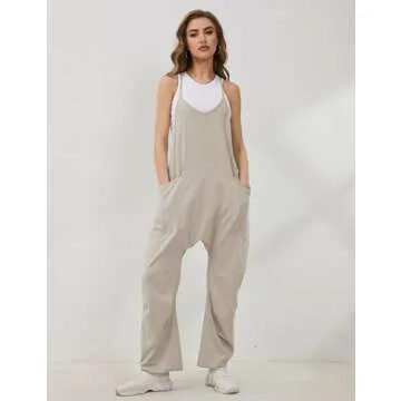 Lentta Women's Causal Jumpsuits V Neck Sleeveless Harem Overalls Stretchy Adjustable Strap Romper with Pockets(LightKhaki-XXL)