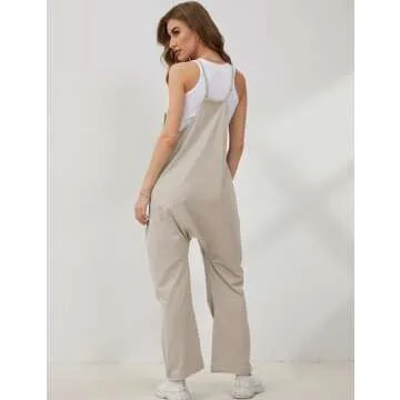 Lentta Women's Causal Jumpsuits V Neck Sleeveless Harem Overalls Stretchy Adjustable Strap Romper with Pockets(LightKhaki-XXL)