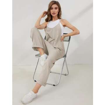 Lentta Women's Causal Jumpsuits V Neck Sleeveless Harem Overalls Stretchy Adjustable Strap Romper with Pockets(LightKhaki-XXL)