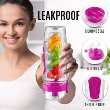 Zulay 34 oz Large, Leakproof Fruit Infuser Water Bottle with Anti-Slip Grip - Men and Women's Ideal Fitness Gift Or For Gym, Camping, and Travel - Flamingo Pink