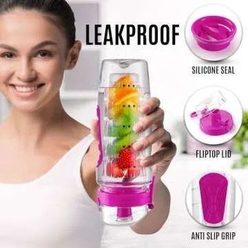 Zulay 34 oz Large, Leakproof Fruit Infuser Water Bottle with Anti-Slip Grip - Men and Women's Ideal Fitness Gift Or For Gym, Camping, and Travel - Flamingo Pink
