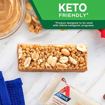 Atkins Peanut Butter Granola Protein Meal Bar, High Fiber, 16g Protein, 1g Sugar, 4g Net Carb, Meal Replacement, Keto Friendly, 5 Count