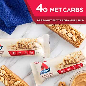 Atkins Peanut Butter Granola Protein Meal Bar, High Fiber, 16g Protein, 1g Sugar, 4g Net Carb, Meal Replacement, Keto Friendly, 5 Count