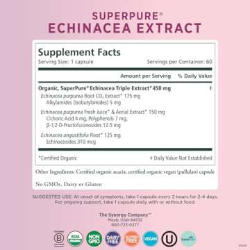 PURE SYNERGY SuperPure Echinacea Extract | Immune Support Supplement | Organic Echinacea Capsules with Full-Spectrum Triple Extracts | Potent Support for Immune Health (60 Capsules)