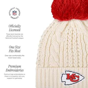 FOCO Women's Kansas City Chiefs NFL Team Logo Cable Knit Pom Beanie Hat, White