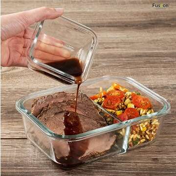Fusion Gourmet Glass Meal Prep Containers with Lids [8 Pack, 33 oz & 4.5 oz] - 2 Compartment Divided...
